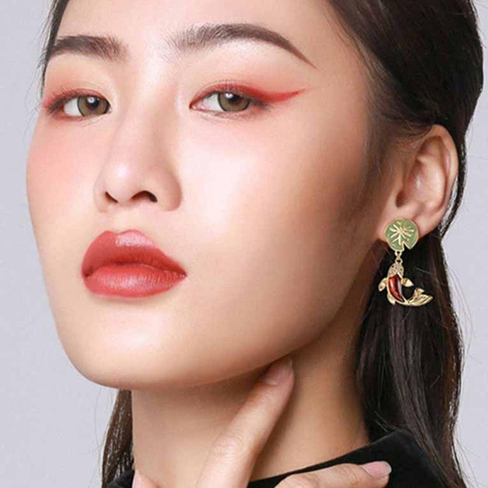 Mxbeauty Anting Imlek Fashion Drop Earrings Mutiara Emas Berlian Perhiasan Tahun Baru Perhiasan Gaya Cina Anting Koi Merah