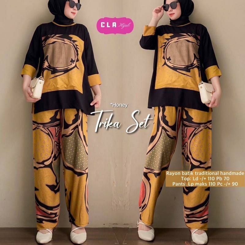 Setelan Rayon Trika Set LD 110 Motif Batik Cap Print Soft Color Cotton Rayon Setelan Wanita Tiedye S