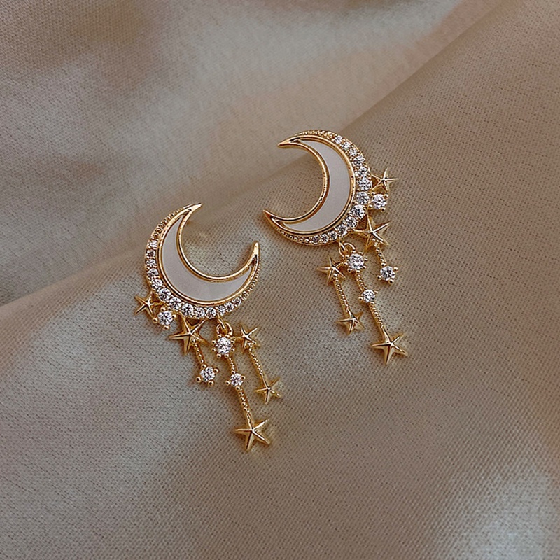 Fancyqube Anting Tusuk Gantung Wanita Desain Bulan Sabit, Ceri, Kucing Hias Mutiara, Berlian Imitasi