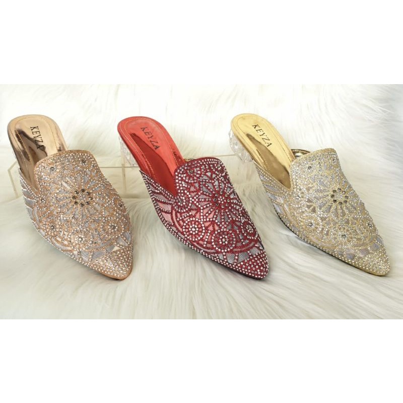 NEW SEPATU SENDAL BRUKAT PESTA WANITA HAK KACA 3 CM
