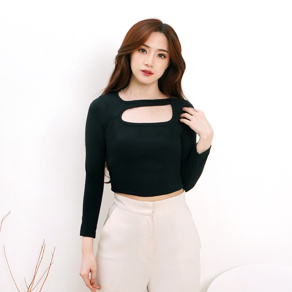 Korean Top Longsleeve Tarzan Crop Top Wanita Polos 191