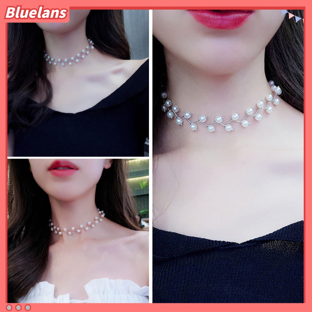 Bluelans Kalung Choker Rantai Pendek Hias Manik-Manik Mutiara Imitasi Untuk Wanita