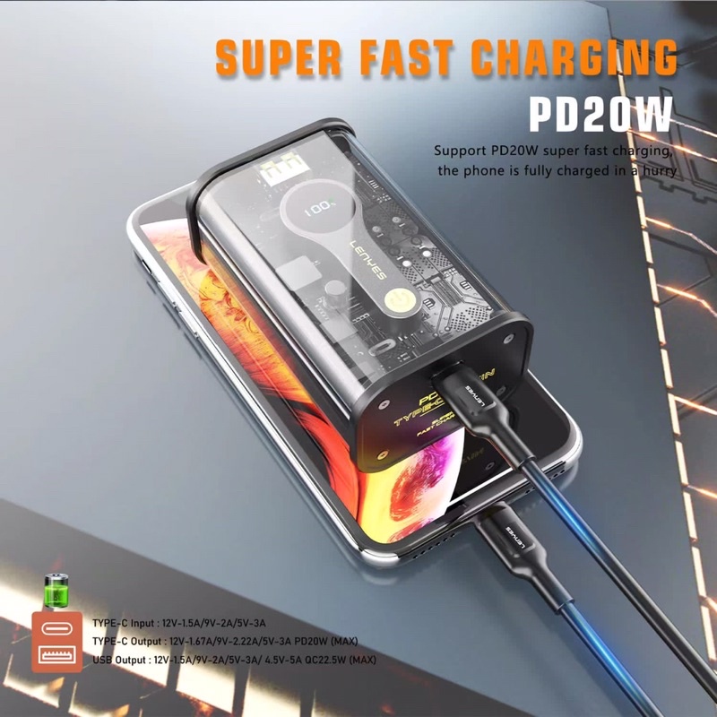 Powerbank Transparan Fast Charging 10.000Mah Lenyes PX152D  PD20W QC22.5W