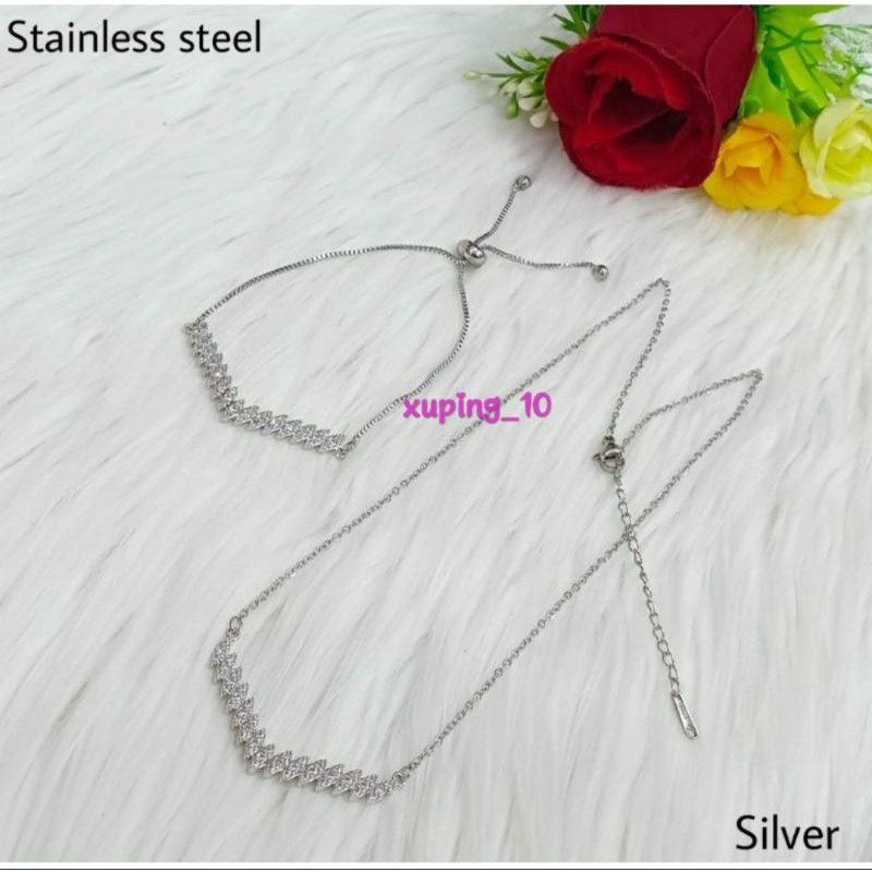 set kalung dang gelang titanium silver kalung dan gelang Fuji titanium anti karat