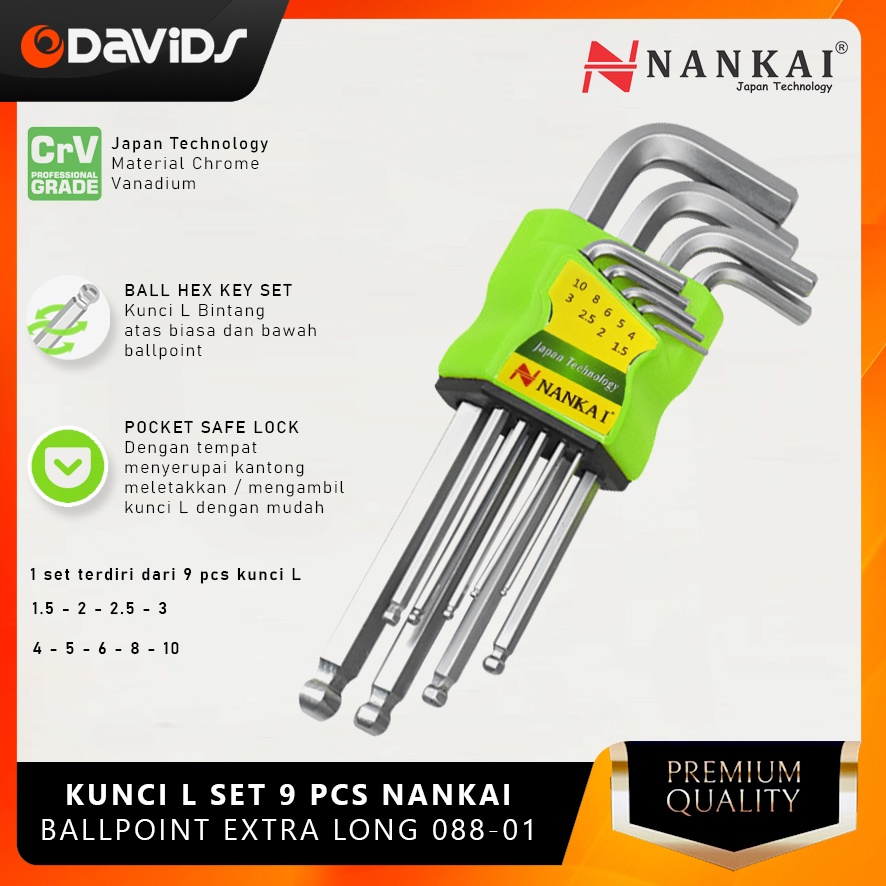 Kunci L Set Panjang Konci Baja Segi Enam 9 Pcs Ballpoint Nankai 08801