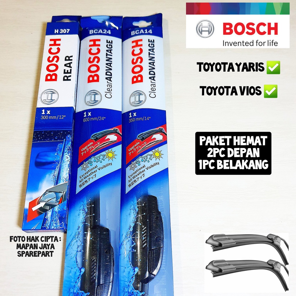 BOSCH WIPER DEPAN &amp; BELAKANG - YARIS / VIOS (FRAMELESS PISANG)