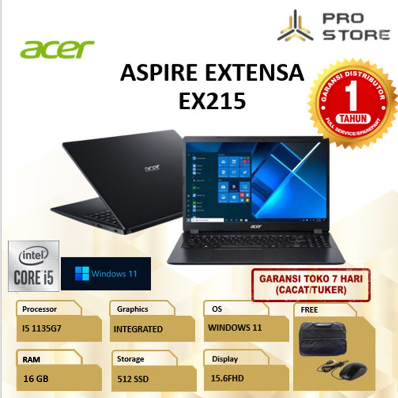 LAPTOP ACER ASPIRE EXTENSA EX215 FHD I5 1135G7 RAM 16GB 512GB SSD W11PRE