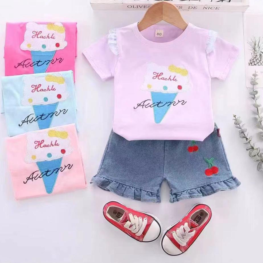 Viral Setelan Kaos Anak Perempuan 1-4Tahun Realpict Baju Kaos Celana Jeans Import Original Pendek GR