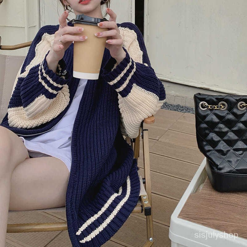 Sweater Retro Jepang Wanita Malas Musim Semi Baru Desain Niche Warna Kontras Jahitan Lengan Panjang