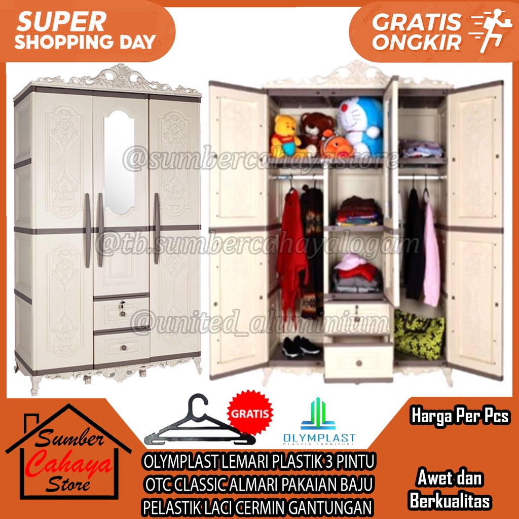 OLYMPLAST LEMARI PLASTIK 3 PINTU OTC CLASSIC ALMARI PAKAIAN BAJU PELASTIK LACI CERMIN KACA GANTUNGAN