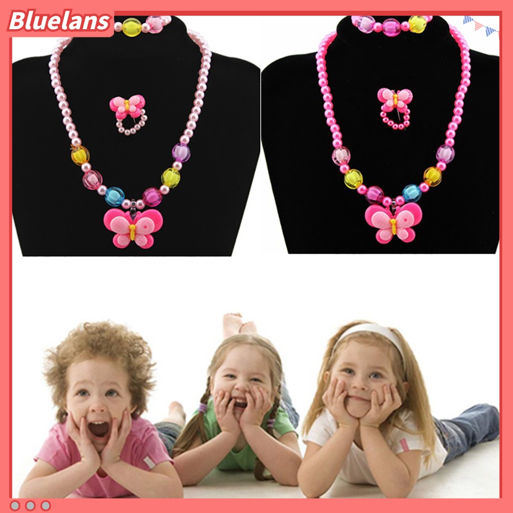 Bluelans 3Pcs / Set Perhiasan Kalung Gelang Cincin Manik-Manik Kupu-Kupu Bebek Kuning Untuk Anak Perempuan