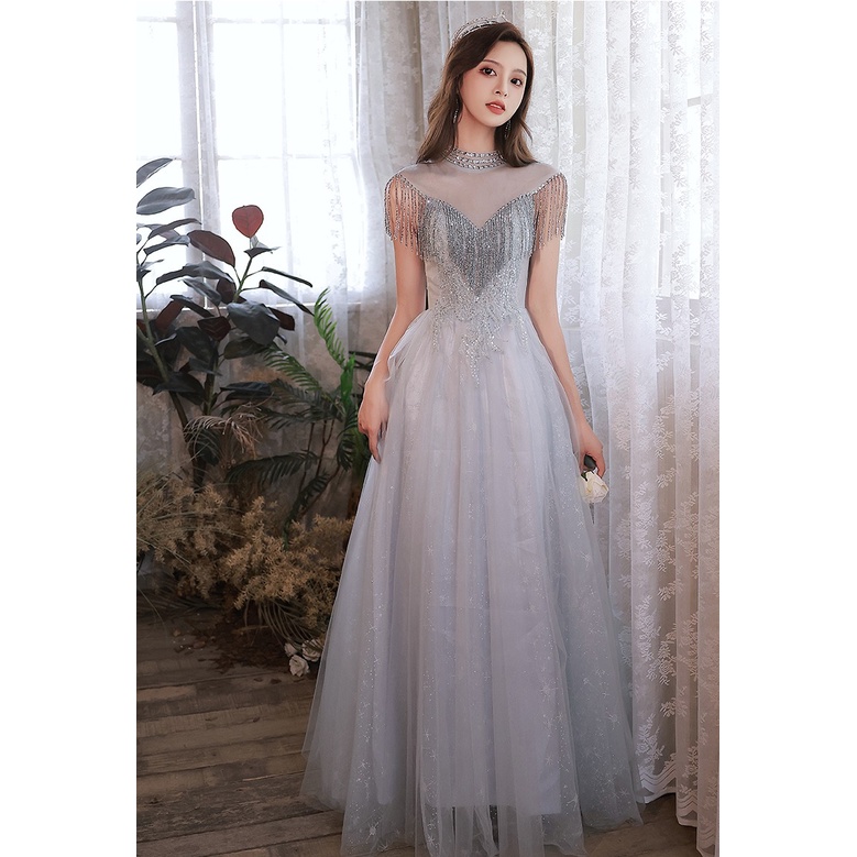 Gaun Pesta 2210017 Abu Silver Leher Shanghai Party Dress