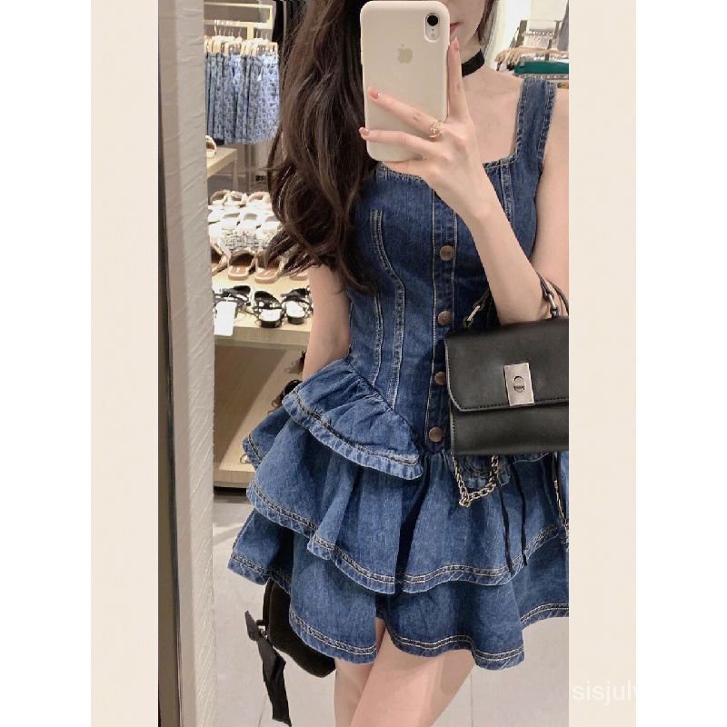 #Sisjuly# Gaun bertali denim wanita wanita retro ruffle ruffle pinggang-skimming tank dress