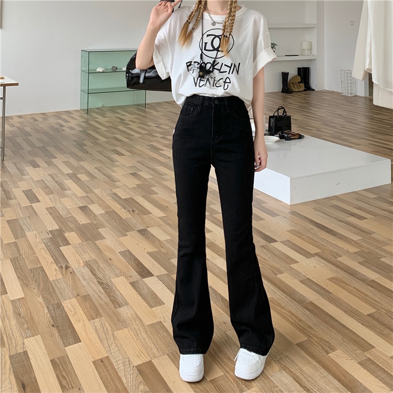 Highwaist Hitam Straight Celana Jeans Panjang Wanita / Korean Fashion Kasual Celana Cutbray Wanita