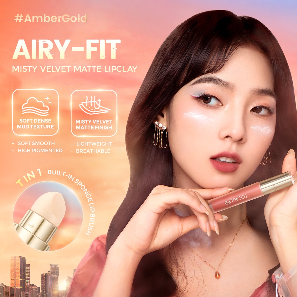 FOCALLURE AmberGold Velvet Matte Lip Clay 2 In 1 Multi-use Sponge Lip Brush Untuk Bibir FA210