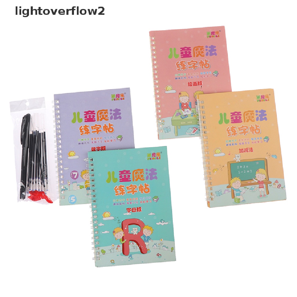 (lightoverflow2) 4pcs / Set Buku Belajar Menulis Huruf / Angka Dengan Pen Untuk Anak (ID)