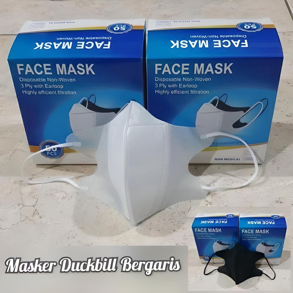 [200gr] ISI 50 | MASKER DUCKBILL 3 PLY PUTIH HITAM DEWASA ISI 50 PER BOX | ADA GARIS | KUALITAS BAGUS ISI 50 PER DUS-1