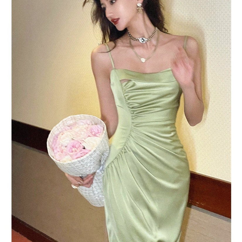 【Moon Blush】Summer Asymmetrical Slip  Bodycon Sleeveless Green Midi Dress 7502