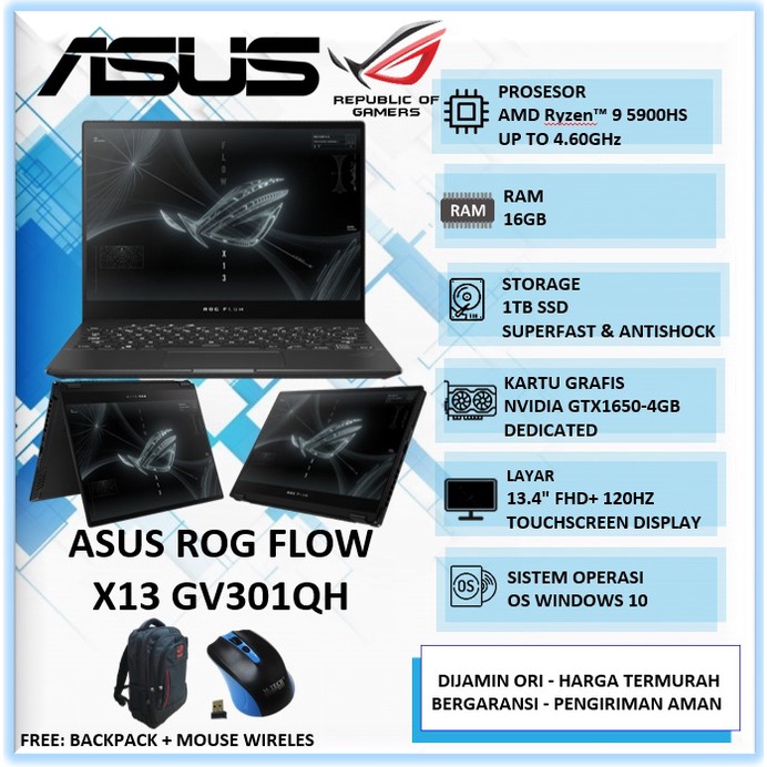 Laptop Gaming ASUS ROG FLOW X13 GV301QH AMD Ryzen 9 5900HS 16GB 1TB GTX1650 4GB MAX-Q DESIGN 13.4" F