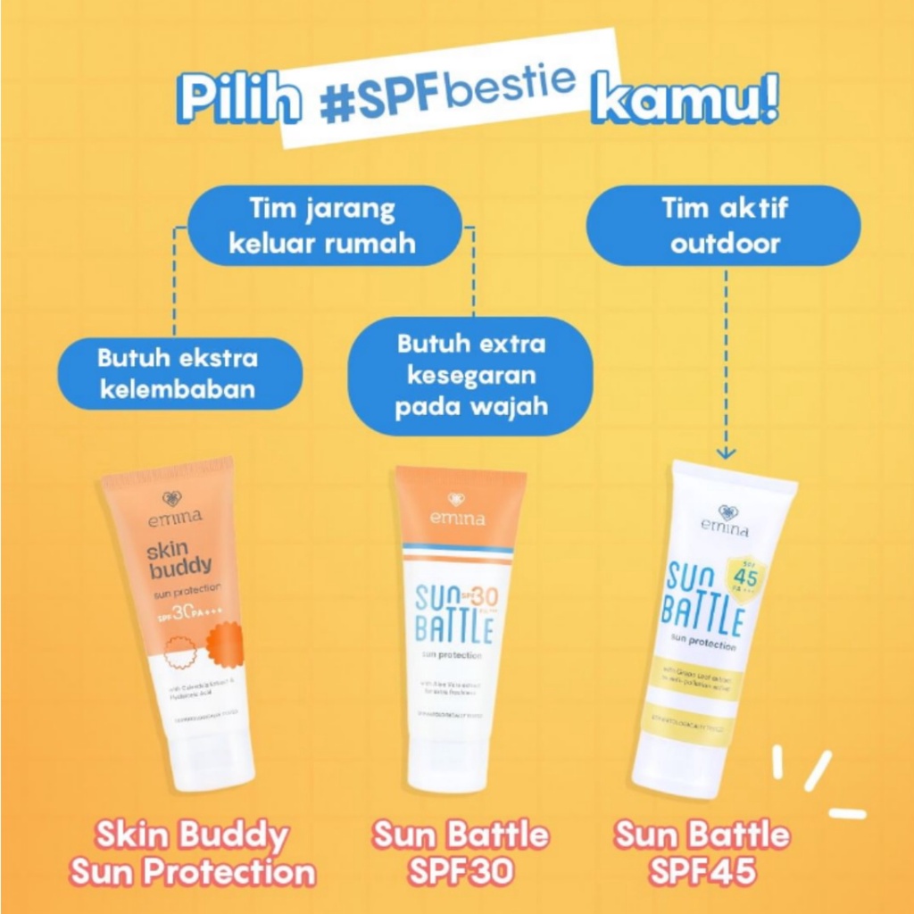 Emina Sun Protection SPF 30 PA+++ 60ml | Emina Sun Battle SPF 45 | 30 PA+++ 23ml Sunscreen Skin Buddy