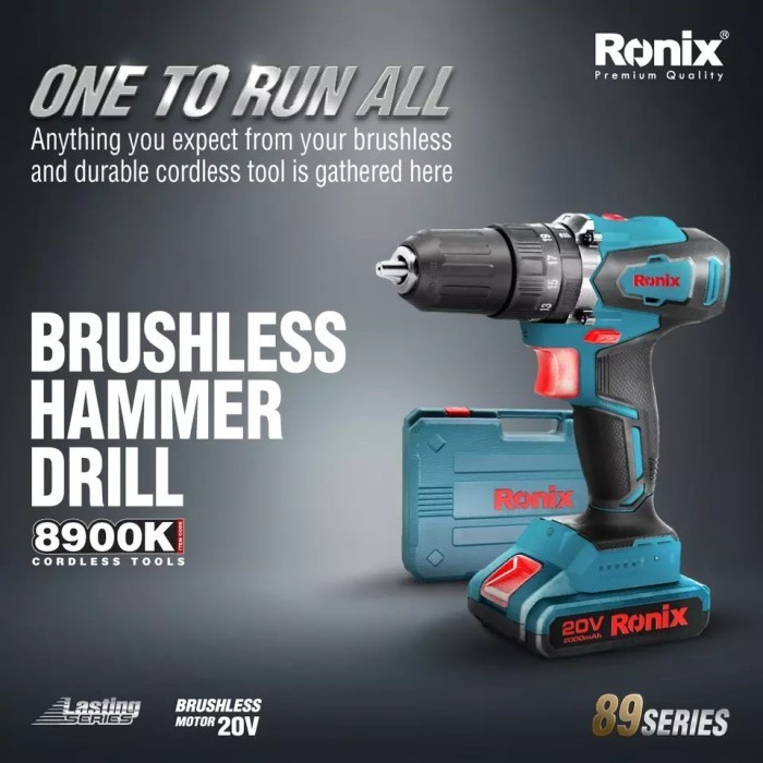 Mesin Bor Ronix Model 8900K 20V Cordless Brushless Impact Drill Electric Impact