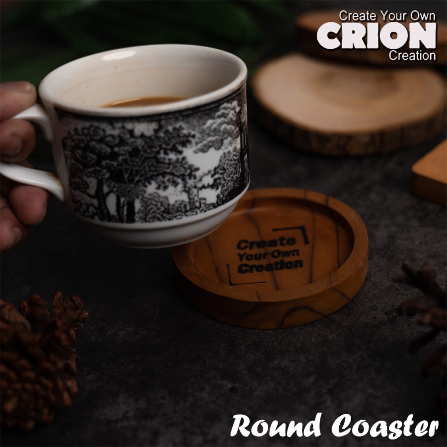 Tatakan Gelas Kayu Crion Custom Tulisan / Logo Sendiri - Wood Coaster