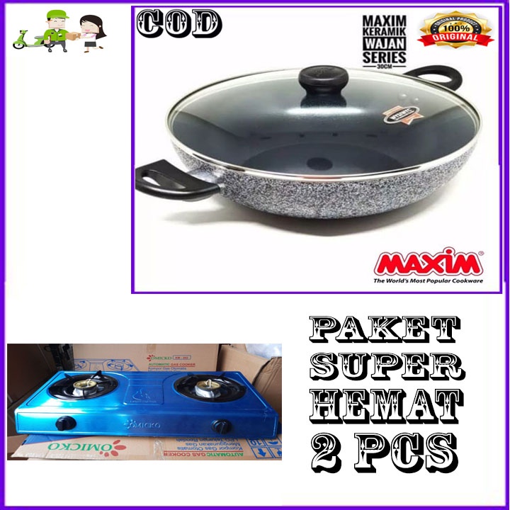 MAXIM CERAMIC WOK 30 CM TUTUP KACA ORI + KOMPOR OM 2 TUGKU BERGARARANSI RESMI