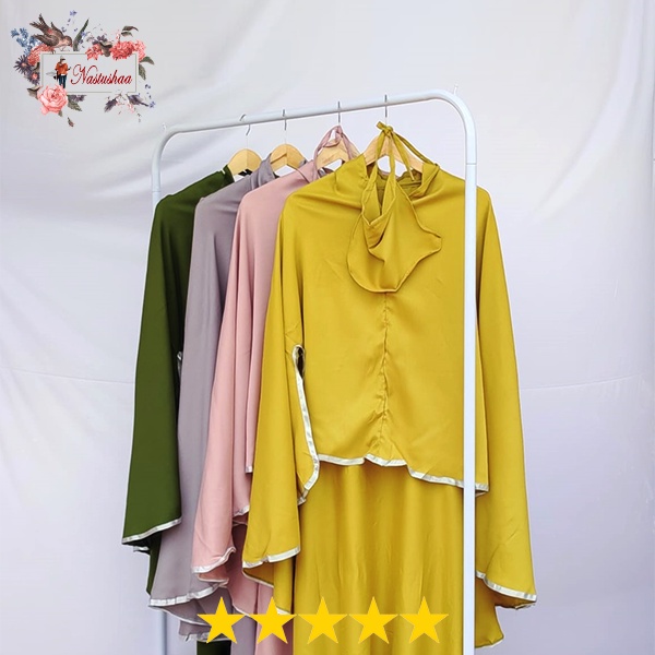 Set Gamis Syari Setelan Khimar Jumbo Syari Free Cadar Bahan Wollycrepe Fit to XXL Gamis Muslim Busui Friendly Good Quality