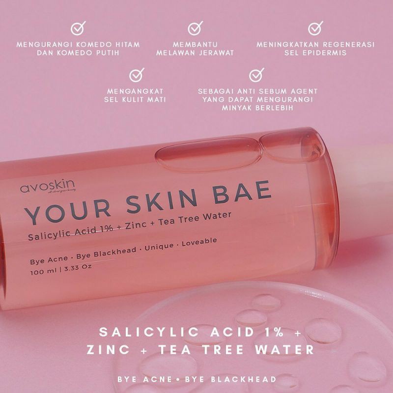 AVOSKIN YOUR SKIN BAE SALICYLIC ACID 1% + ZINC + TEA TREE WATER 100ML (Pink)