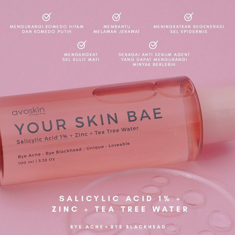 AVOSKIN YOUR SKIN BAE SALICYLIC ACID 1% + ZINC + TEA TREE WATER 100ML (Pink)