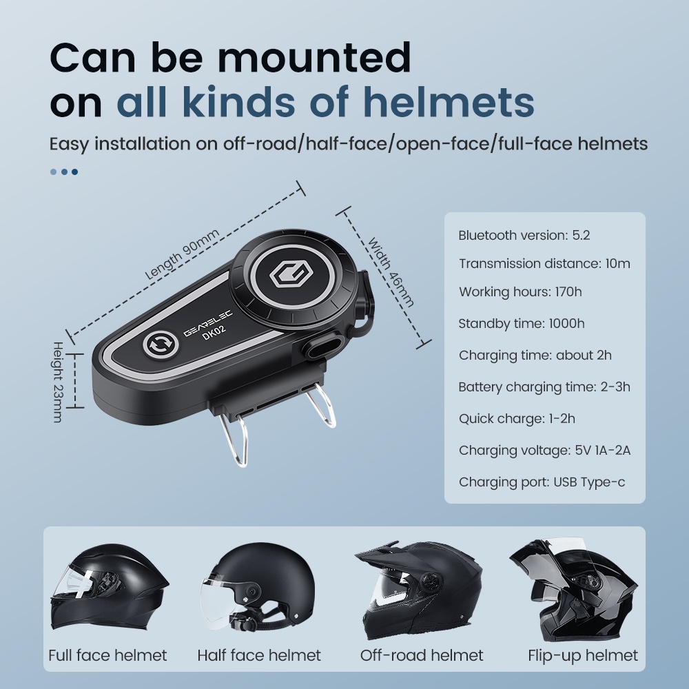 GEARELEC DK02 Helm Sepeda Motor Headset Bluetooth Headset Hands Free Call Kit IPX7 Tahan Air 2800mAh BT5.2 Headset Stereo Nirkabel dengan Waktu Siaga 1000 jam