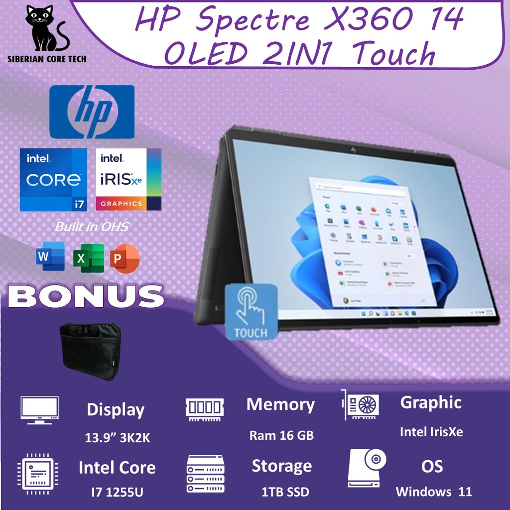 LAPTOP HP SPECTRE X360 14 EF0003TU OLED TOUCH I7 1255U 16GB 2TBSSD IRISXE 13.9 3K2K W11+OHS BLIT PEN 2YR+ADP 2IN1 BLK