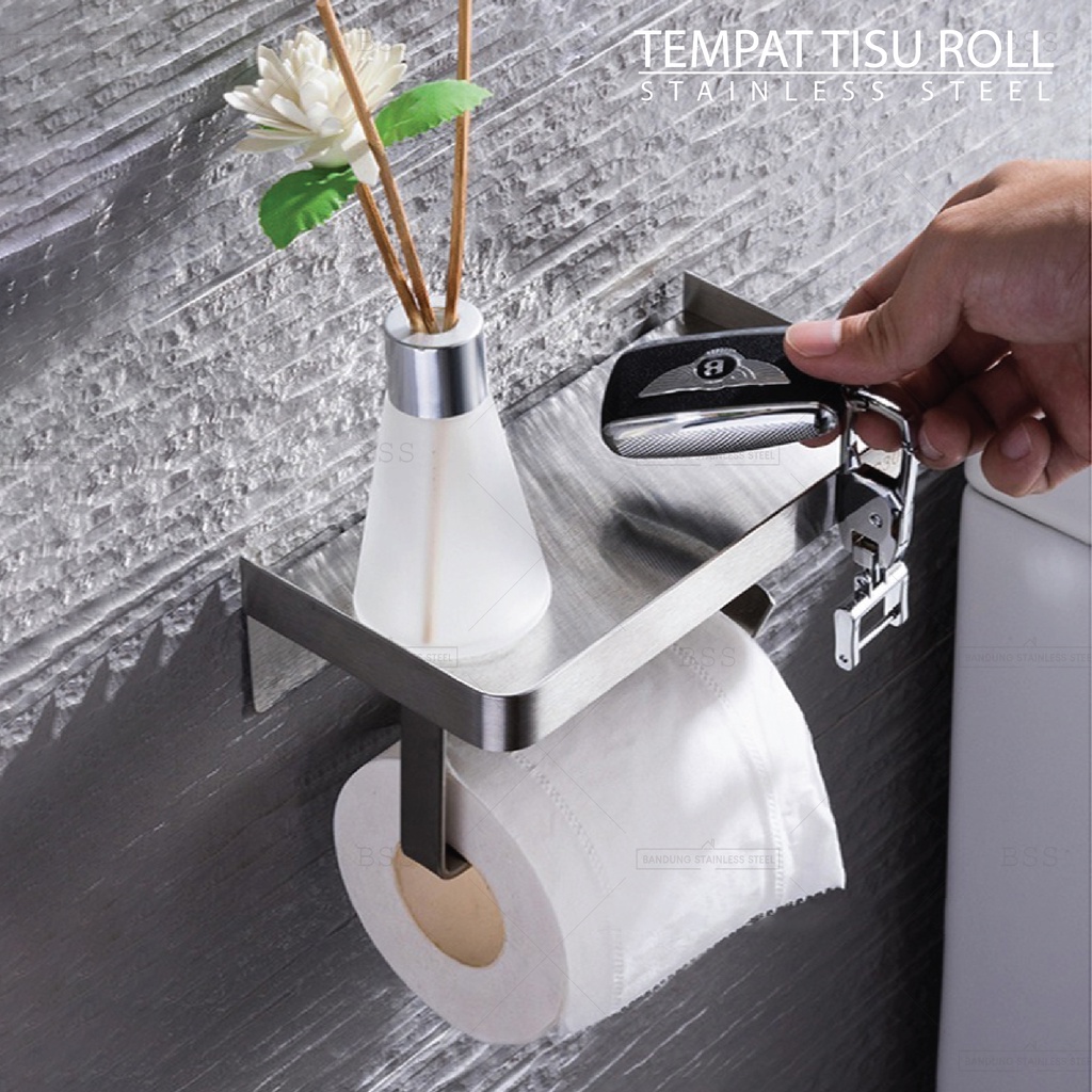 SUS304 Tempat Tisu Gulung Roll Tissue Tembok Dinding Minimalist Kamar Mandi Toilet Tatakan HP Sabun Simple Stainless Steel