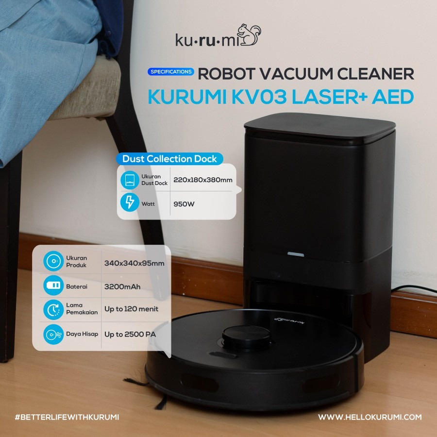 Kurumi KV 03 Laser+ Robot Vacuum Cleaner with Auto Empty Dustbin