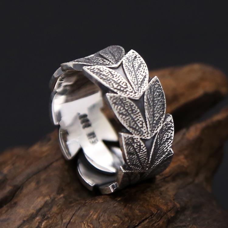 Cincin Model Terbuka Dapat Disesuaikan Motif Daun Gaya retro Eropa Amerika Untuk Pria