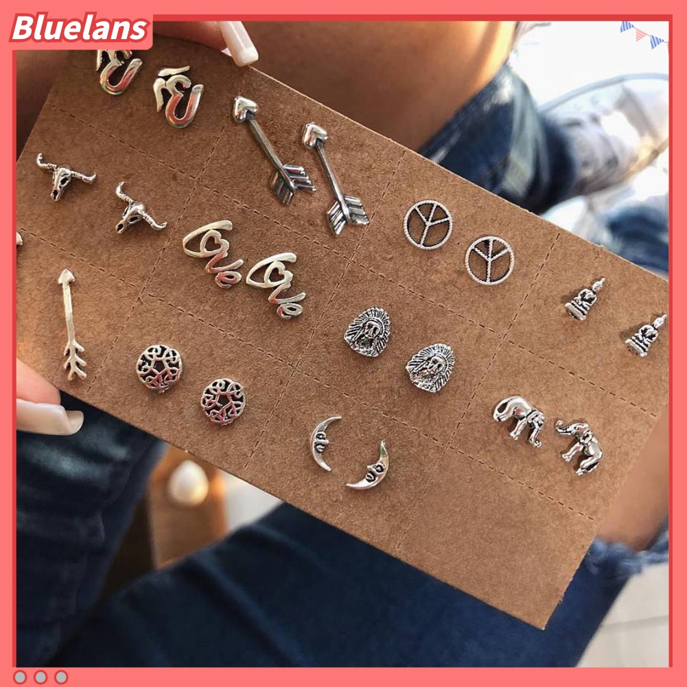 11 Pcs Anting Stud Bentuk Panah Bulan Gajah Gaya Vintage Untuk Wanita