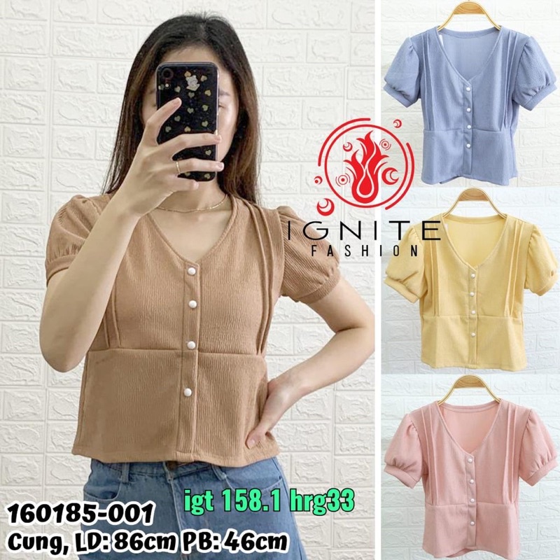 KAOS RAJUT WANITA CROPTEE CROPTOP WARNA COKLAT KANCING MUTIARA LENGAN BALON MURAH