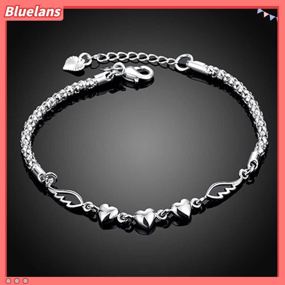 Bluelans Women 925 Sterling Silver Charm Love Heart Wings Bracelet Cuff Bangle Jewelry