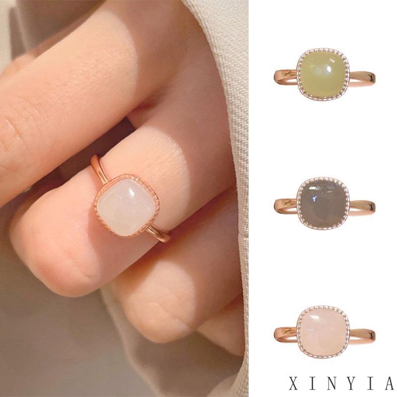 【Bayar di tempat】Cincin Giok Hetian Lapis Emas 18K Gaya INS Vintage Hotan Jade Sugar Ring Untuk Wanita Korea Fashion Gaya Vintage Minimalis Untuk Wanita