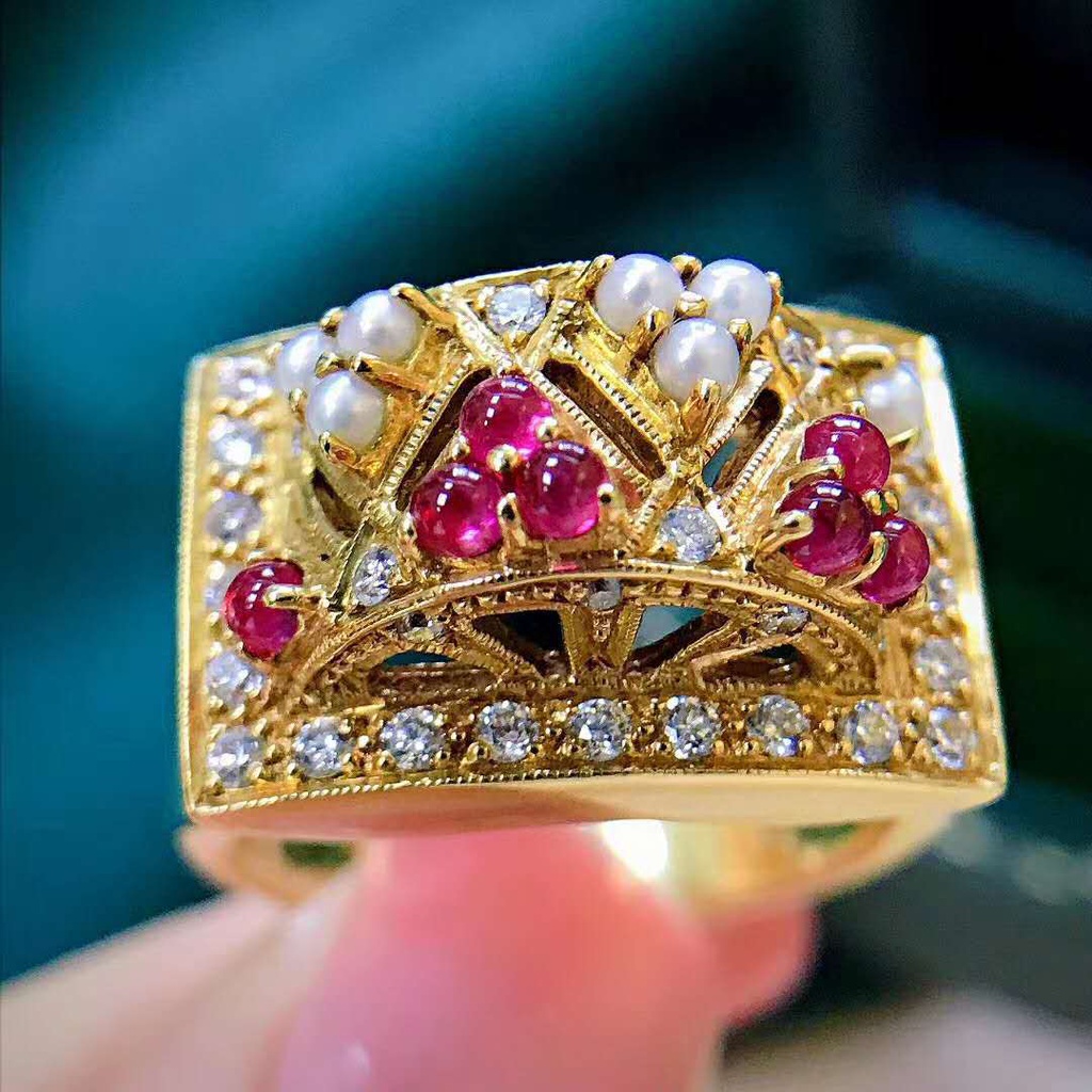 Goldkingdom Perhiasan Fashion 24K Bangkok Aksesoris Ready Stock Cincin Zirkon Hias Berlian Ganda Berlebihan Garnet Mutiara Berlapis 18-karat Cincin Emas Asli Kadar 375 Untuk Wanita