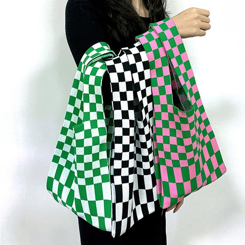 Chequerboard tas bahu kotak chessboard knit  totebag rajut
