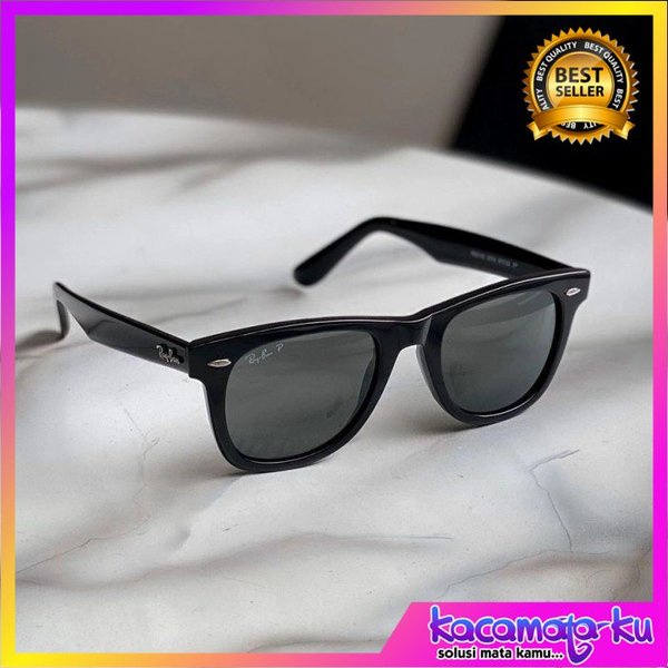 Kacamata Hitam Rayban Wayfarer RB2140 Black Glossy Polarized Kaca