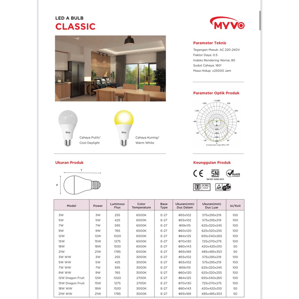 Lampu Led 12watt Warm White Myvo Classic Bulb Cahaya Kuning Bergaransi