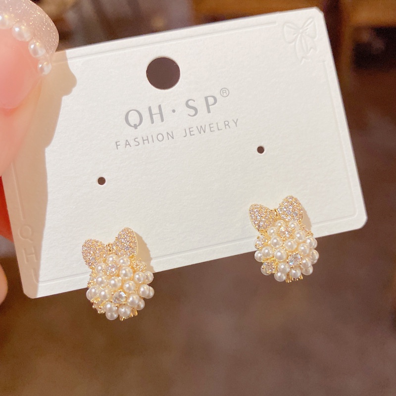 Anting Tusuk Silver Wanita Desain Pita Hias Zircon Mutiara Gaya Jepang Korea