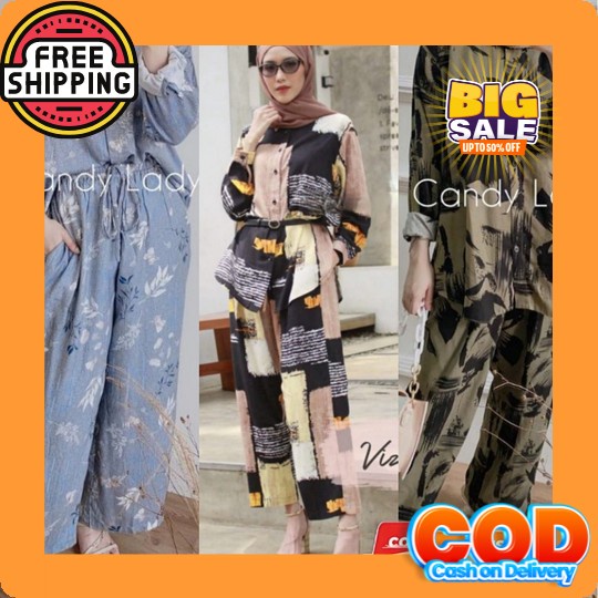 Divya One Set Wanita Korea Muslim Crinkle Setelan Wanita Kekinian Kondangan Lengan Panjang Long Tuni