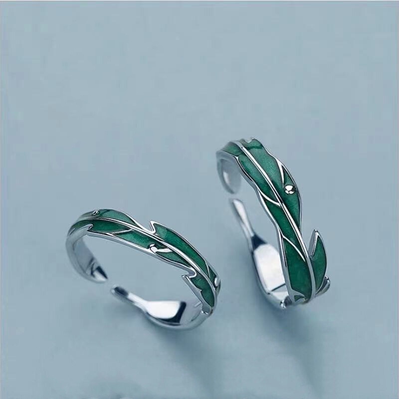 Cincin Enamel Bentuk Daun Hijau Adjustable Untuk Pria Dan Wanita