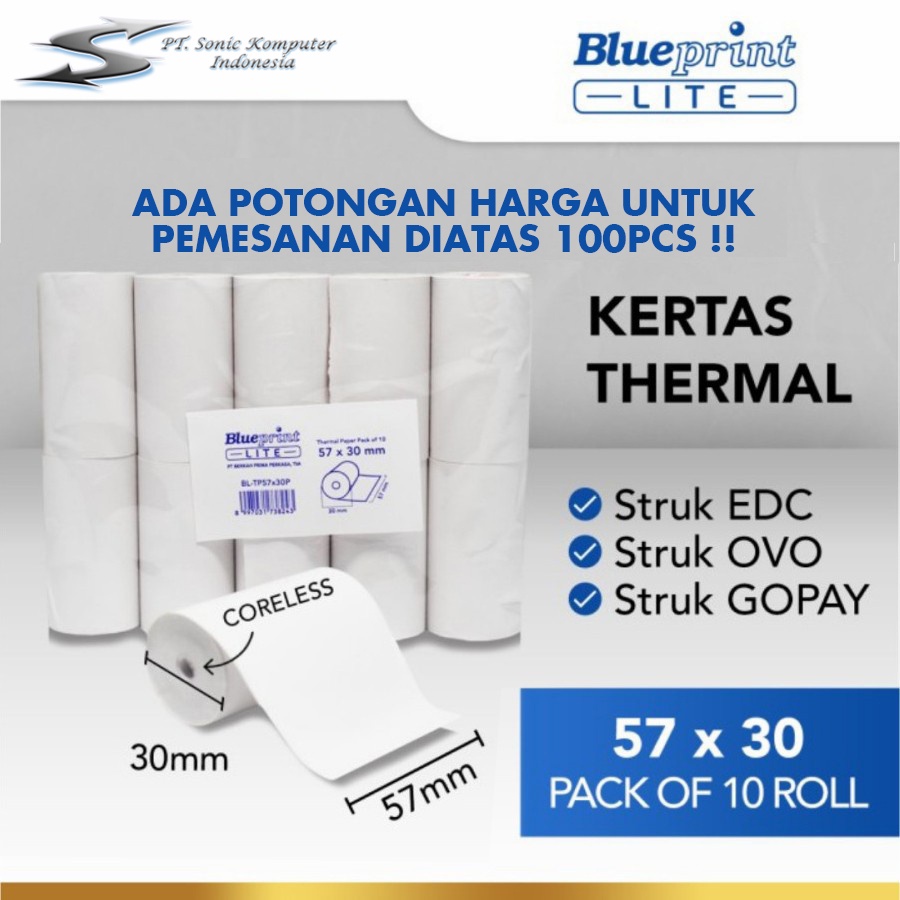 Kertas Thermal Paper 57x30 mm Struk Kasir Nota BLUEPRINT Lite 57 x 30