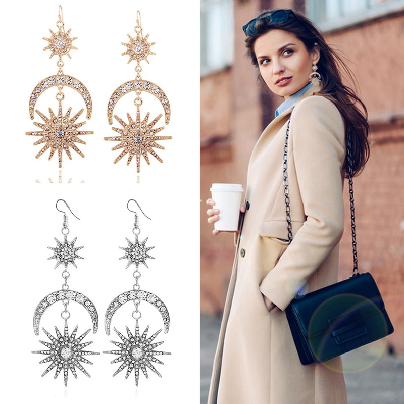 Anting Bentuk Matahari Bulan Bintang Aksen Berlian Imitasi Gaya Vintage Boho Untuk Wanita
