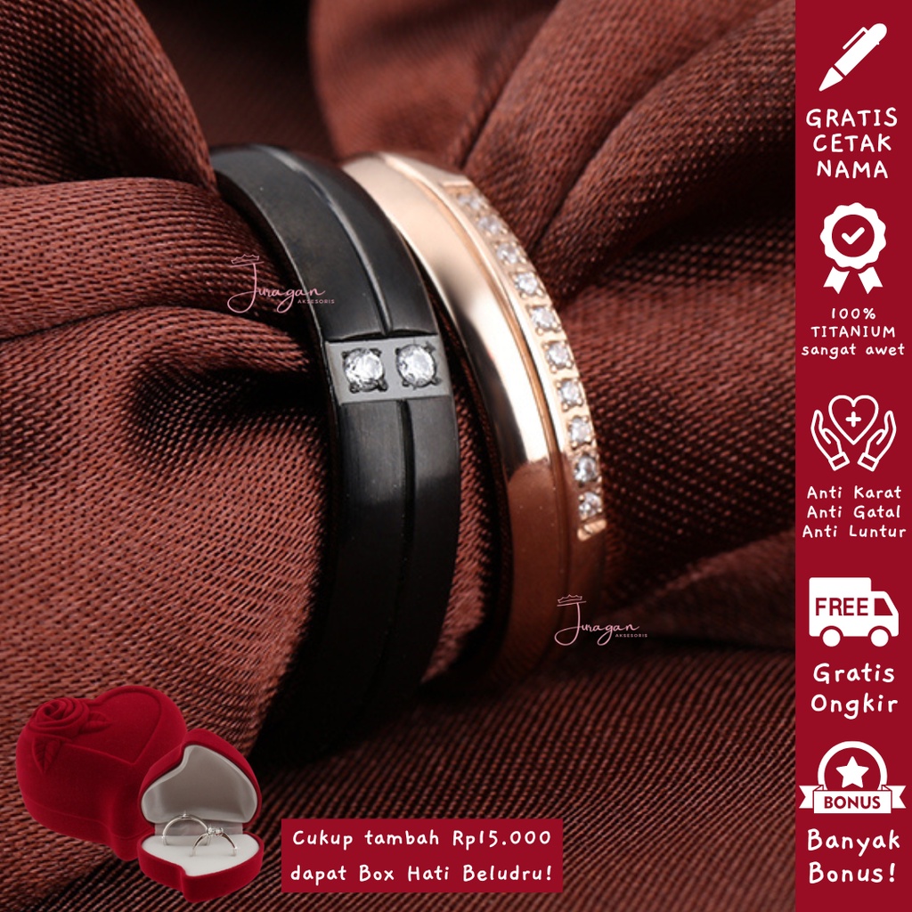 AILOVIU Cincin Couple Romantis R67 Titanium Ukir Nama Black Hitam Rosegold Unik Pria Wanita Tunangan Paladium Stainless Steel