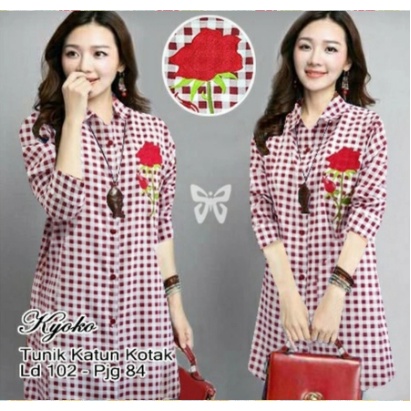 Baju Atasan Wanita Remaja Tunik Motif Kotak Kotak Terbaru 2022 Long Tunik Model Kekinian Trendy Tuni